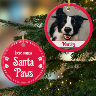 Ornamento De Cerâmica Aqui Vêm Papais noeis Cães Patas Foto Ornament Ver