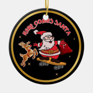 ORNAMENTO DE CERÂMICA AQUI VÊM PAPAIS NOEIS NO SKATEBOARD CHRISTMAS CERA