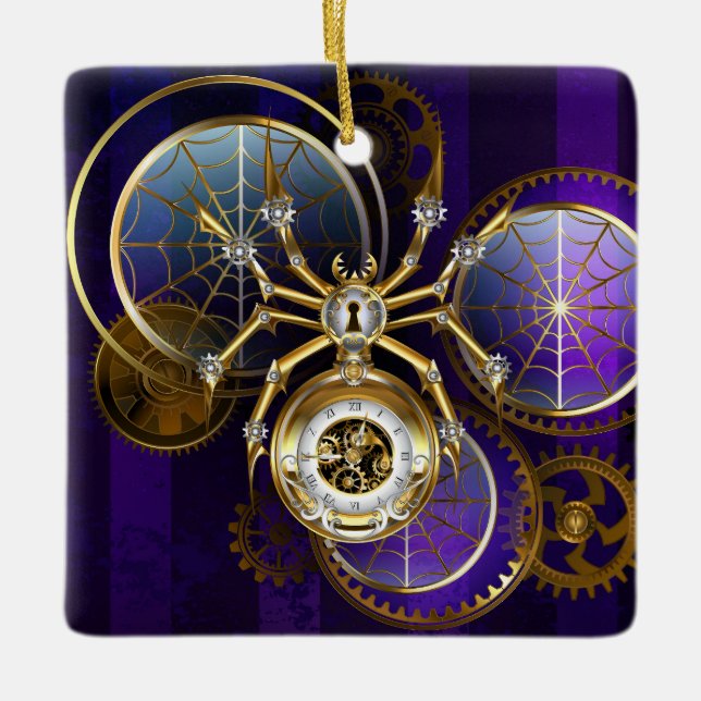 Ornamento De Cerâmica Aranha Steampunk no fundo roxo (Frente)