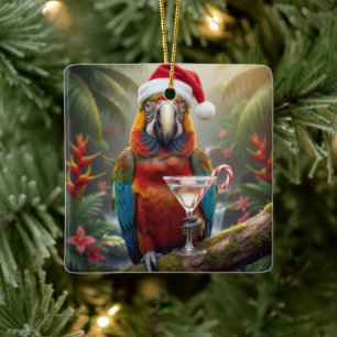 Ornamento De Cerâmica Arara Papagaio de Natal com Coquetel Martini