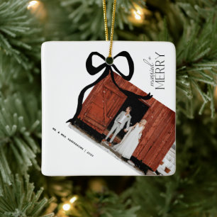 Ornamento De Cerâmica Arco de Natal com Foto e Letreiro de Feliz e Casad