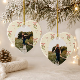 Ornamento De Cerâmica Arco de Natal Foto de Coração com Laço Rosa Comest