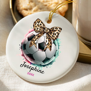Ornamento De Cerâmica arco-leopardo-feminino jogador de futebol