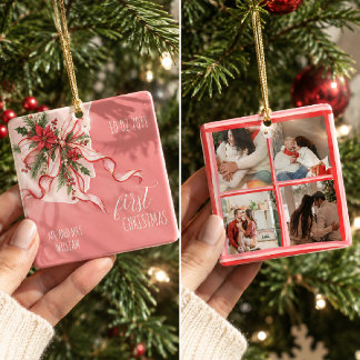 Ornamento De Cerâmica Arco Rosa e Vermelho em Aquarela Primeiro Natal do