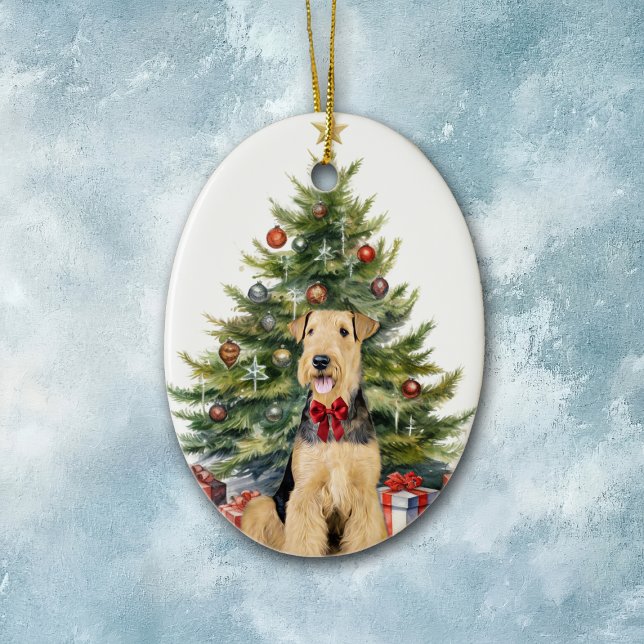 Ornamento De Cerâmica Arco Vermelho Airedale Terrier Dog Natal (Criador carregado)