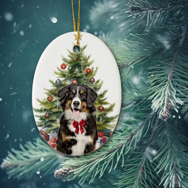 Ornamento De Cerâmica Arco Vermelho Bernese Mountain Dog Natal (Criador carregado)