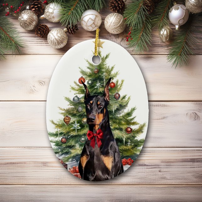 Ornamento De Cerâmica Arco Vermelho Doberman Pinscher Cachorro Natal (Criador carregado)