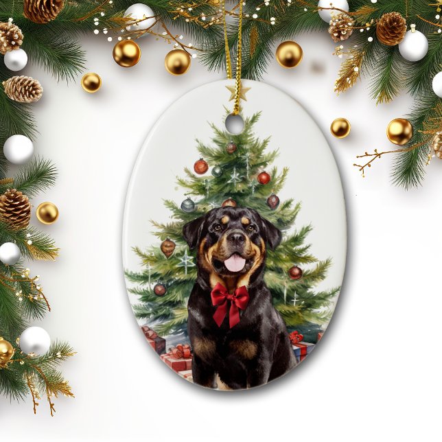 Ornamento De Cerâmica Arco Vermelho Rottweiler Cachorro Natal (Criador carregado)