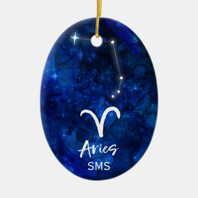 Ornamento De Cerâmica Aries Zodiac Constelação Blue Galaxy Monograma (Frente)