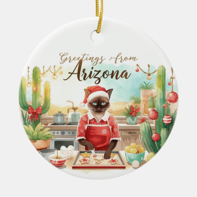 Ornamento De Cerâmica Arizona Christmas themed for Siamese Cat lovers (Frente)