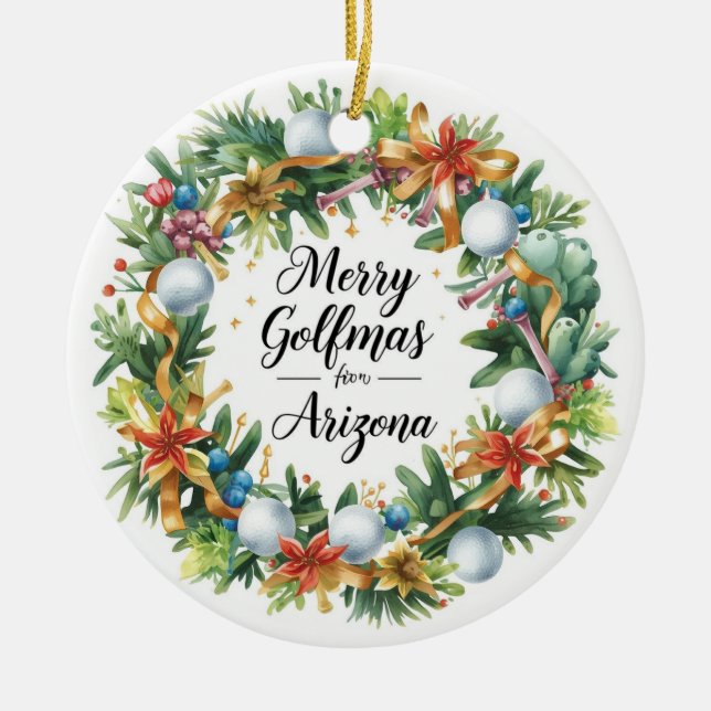 Ornamento De Cerâmica Arizona Golf Christmas Greeting with Golf Wreath  (Frente)