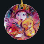 Ornamento De Cerâmica ARLECCHINO E COLOMBINA rosas vermelha<br><div class="desc">Amor romântico entre Arlecchino e Colombina: Jogador colorido, lunático do violino, uma mulher loura bonita em trajes sparkling emplumados. Pintura da aguarela no rosa brilhante, o fúcsia, o verde, o vermelho, o azul, cores amarelas e sparkles do ouro inspirados da comédia da arte (dell'arte de Commedia) e carnaval de Veneza....</div>