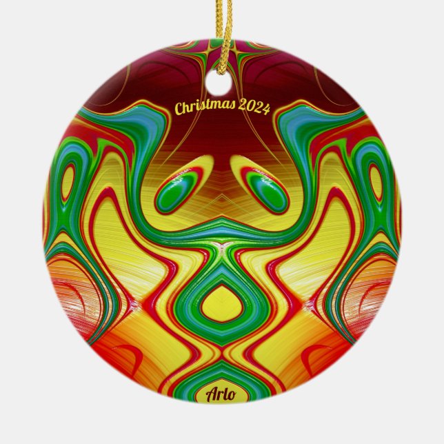 Ornamento De Cerâmica ARLO ~ CHRISTMAS Amarelo Brilhante Verde Verde 202 (Frente)