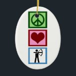 Ornamento De Cerâmica Arquiteto de Paz e Amor<br><div class="desc">Um sinal de paz,  coração,  e um arqueiro tocando arqueria com arco e flecha.</div>
