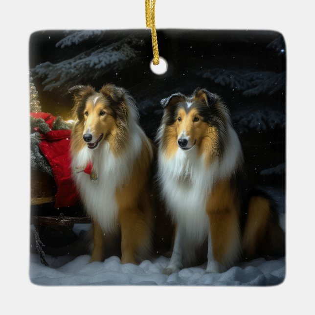 Ornamento De Cerâmica Arranjo de Natal de Collie Snowy Sleigh (Frente)