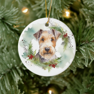 Ornamento De Cerâmica Arranjo de Natal de Terrier Wirefox Cão Festivo