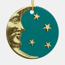 Ornamento De Cerâmica Art Deco Moon e Estrelas - Teal e Dourado