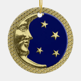 Ornamento De Cerâmica Art Deco Moon e Stars Marinho em um Dourado Fundo