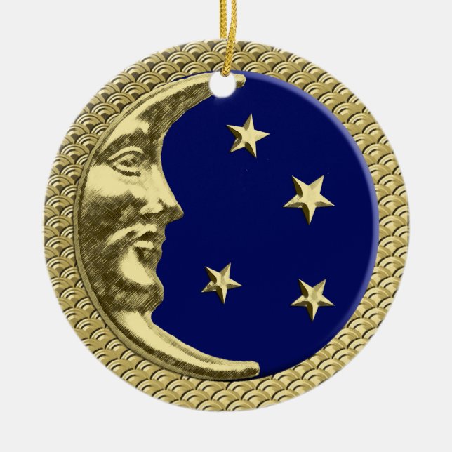 Ornamento De Cerâmica Art Deco Moon e Stars Marinho em um Dourado Fundo (Frente)
