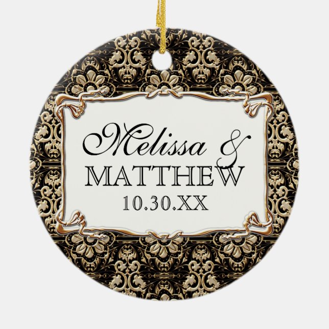 Ornamento De Cerâmica Art Deco Nouveau Faux Floral Dourado Damask Lace (Traseira)