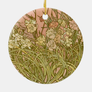 Ornamento De Cerâmica Art Nouveau Alfonse Mucha Flores de cravo florais