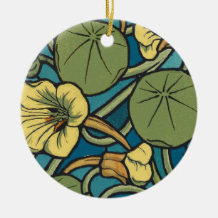 Ornamento De Cerâmica Art Nouveau Nasturtium Azul Dourado floral Verneui