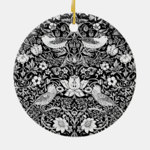 Ornamento De Cerâmica Art Nouveau Pássaro e Flor, Preto e Branco