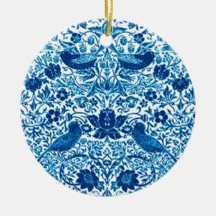 Ornamento De Cerâmica Art Nouveau Pássaro e Flor Tapeçaria, Azul e Branc