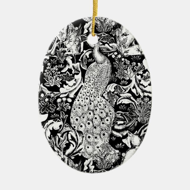 Ornamento De Cerâmica Art Nouveau Peacock Impressão, Preto e Branco (Frente)
