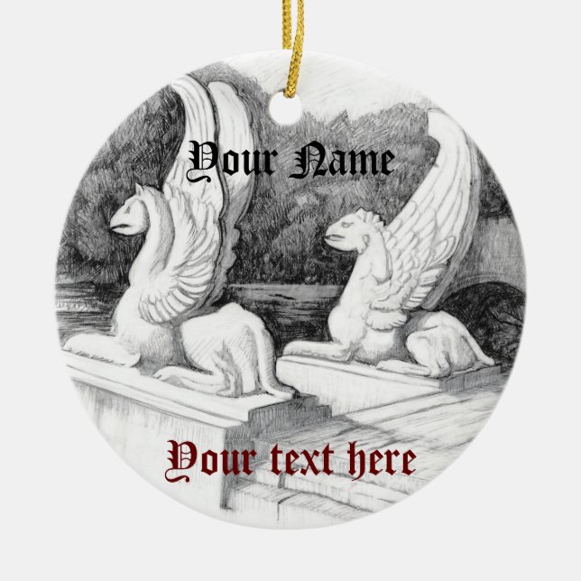 Ornamento De Cerâmica Arte a lápis monocromática da escultura de Griffin (Frente)