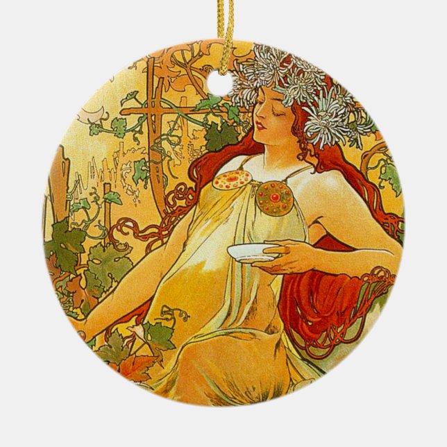 Ornamento De Cerâmica Arte Alphonse Mucha Outono Art Nouveau (Frente)