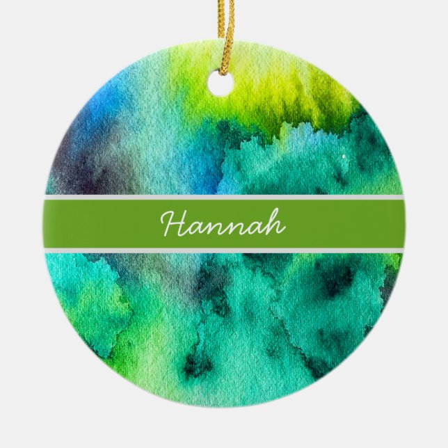 Ornamento De Cerâmica Arte de aquarela verde azul (Frente)