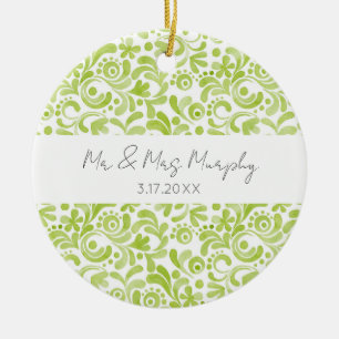 Ornamento De Cerâmica Arte de Aquarela Verde Casamento NOME DATA Lembran