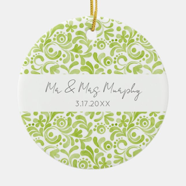 Ornamento De Cerâmica Arte de Aquarela Verde Casamento NOME DATA Lembran (Frente)