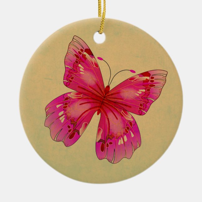 Ornamento De Cerâmica Arte de borboletas oriental rosa (Frente)
