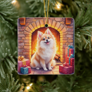 Ornamento De Cerâmica Arte de Cachorro Pomerânia Fofo na Lareira de Nata