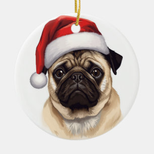 Ornamento De Cerâmica Arte de Cachorro Pug com Chapéu de Papai Noel Nata