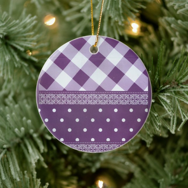 Ornamento De Cerâmica Arte de Damasco Floral com Bolinhas branca púrpura (Árvore)