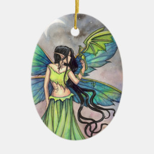 Ornamento De Cerâmica Arte de Fantasia da Fada Verde e Dragão