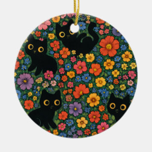 Ornamento De Cerâmica Arte de Jardim Kawaii Padrão Floral de Gato Pret