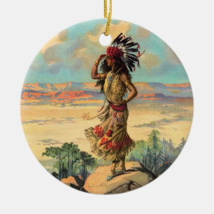 Ornamento De Cerâmica Arte de Mulher Nativa Americana Vintage com Tocado