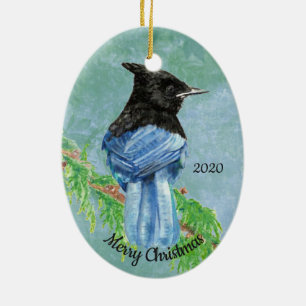 Ornamento De Cerâmica Arte De Pássaro Stellar Jay Datado Personalizada