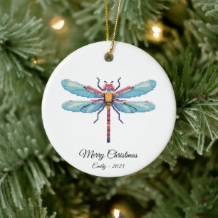Ornamento De Cerâmica Arte de Pixel Art Libélula Azul Presente de Natal