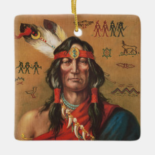 Ornamento De Cerâmica Arte de retrato vintage de chefe nativo americano