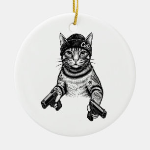 Ornamento De Cerâmica Arte de Tatuagem de Gato Gangster   Kitty Legal de