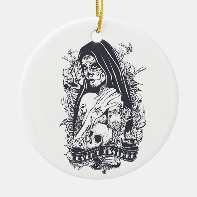 Ornamento De Cerâmica Arte de Tatuagem de Mulher com Crânio Açucarado Gó (Frente)
