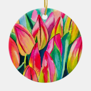 Ornamento De Cerâmica Arte de tulipas de aquarela rosa