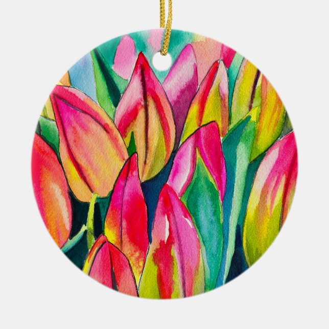 Ornamento De Cerâmica Arte de tulipas de aquarela rosa (Frente)