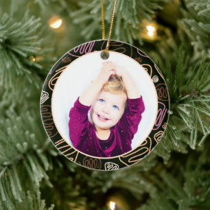 Ornamento De Cerâmica Arte de Uma Linha Rosa Feliz Natal Foto da Família