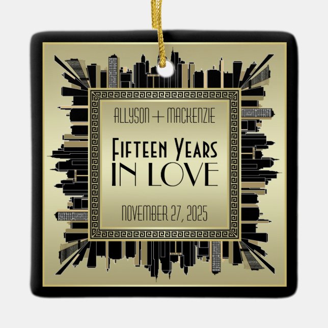 Ornamento De Cerâmica Arte Deco Casamento Aniversário Champanhe Dourado  (Frente)